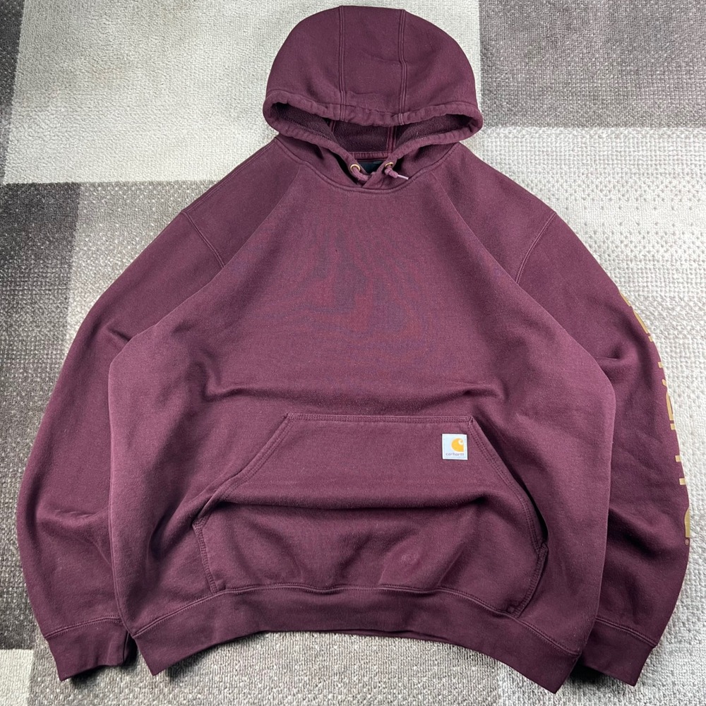 Carhartt Mens XL Loose Fit Graphic Sleeve Hoodie Burgundy Maroon Pullover Sweat